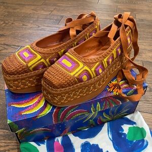 FARM Rio Brown Platform Espadrilles with Yellow & Purple Accents